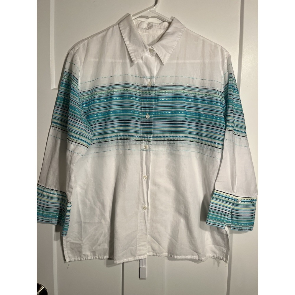 Liz Claiborne Embroidered Stripe Blouse Womens Medium M White Teal 3/4 Sleeve